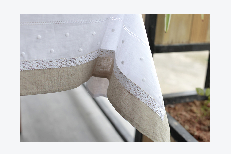 100% pure linen classic table cloths with hand hemstich embroidery lace and piping edges decoration ( a circle of hole )
